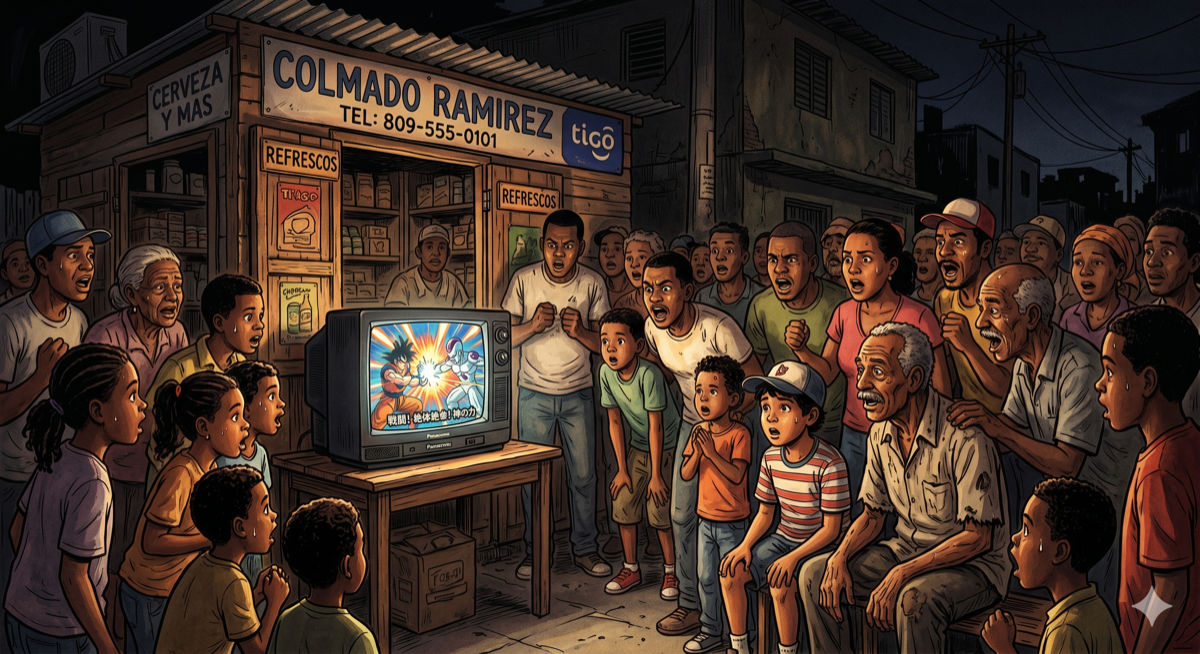 ラテンアメリカのコルマドに集まりドラゴンボールを観る人々